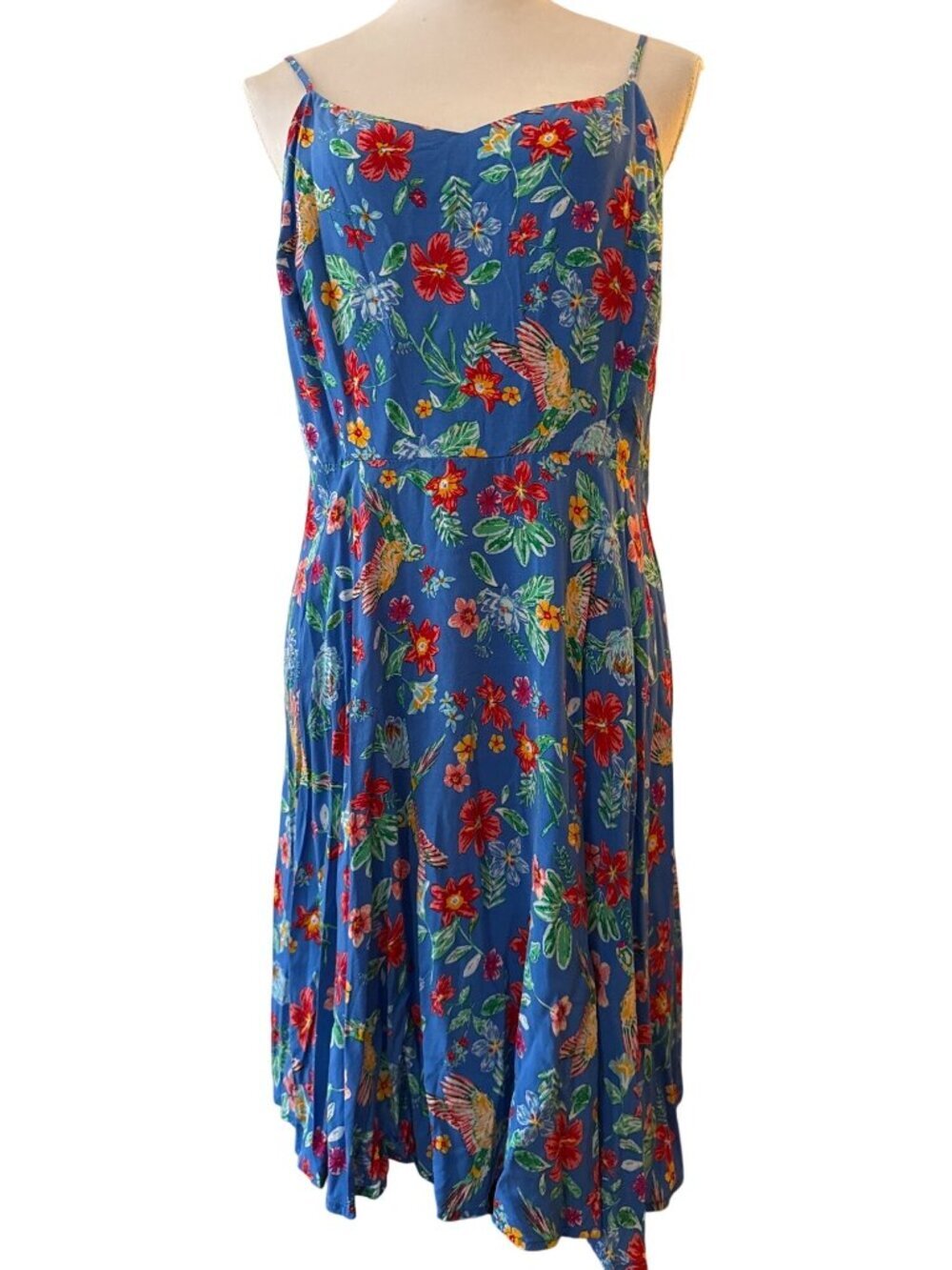 Blue Floral Bird Tropical Cami Strappy Midi Spring Summer Zipper Dress Size XL
